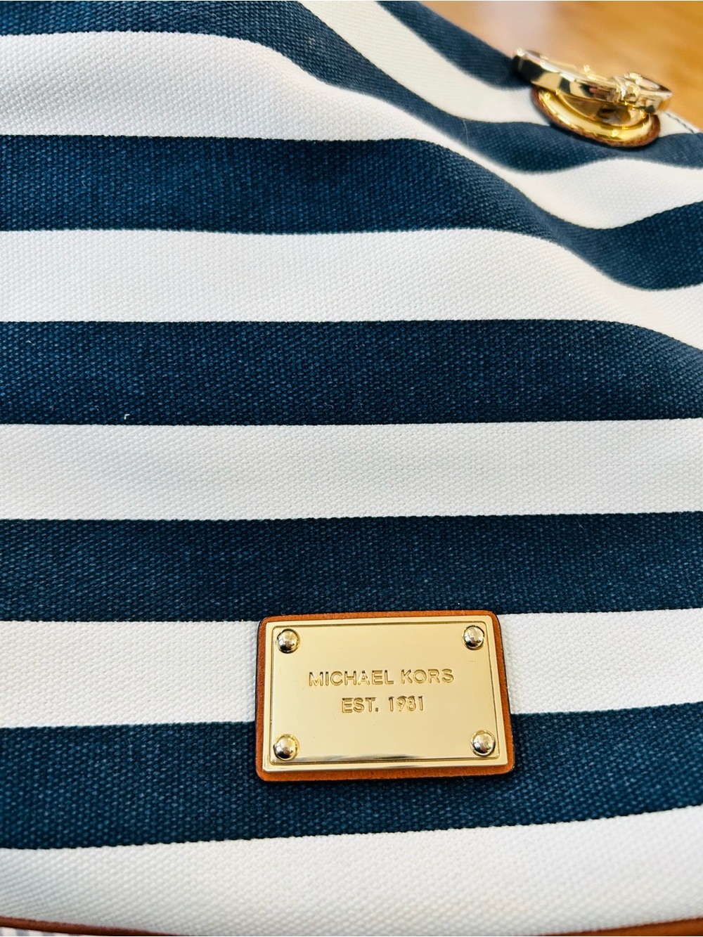 Michael Kors Navy and White Striped Rope-Handle Tote with Brown Trim - Picture 9 of 9